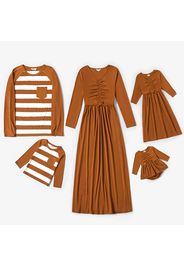 Family Matching Solid Ruched V Neck Long-sleeve Midi Dresses and Striped T-shirts Sets