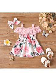 2pcs Baby Girl Sleeveless Cold Shoulder Shoulder Seersucker Ruffle Splice Floral Print Dress with Headband Set