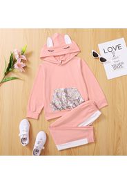 2-piece Kid Girl Sequined Pocket Design  Embroidered Ear Design Hoodie Sweatshirt and Colorblock Pants Set