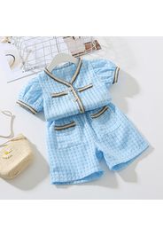 2pcs Toddler Girl Tweed Textured Button Design Short-sleeve Top and Elasticized Pocket Design Shorts Set