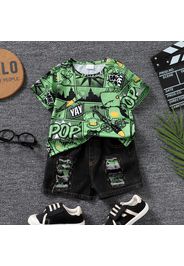 2pcs Toddler Boy Playful Ripped Denim Shorts and Dinosaur Letter Print Tee Set