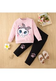 2-piece Toddler Girl Cat Print Pullover Sweatshirt and Leopard Print Pants Set