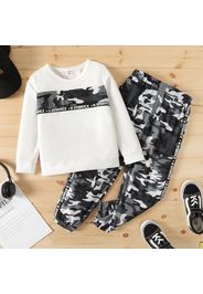 2pcs Kid Boy Letter Camouflage Print Pullover Sweatshirt and Pants Set