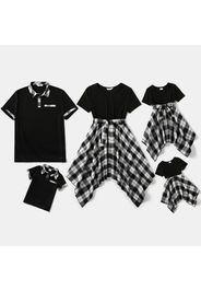 Family Matching Black Short-sleeve Splicing Plaid Irregular Hem Dresses and Polo Shirts Sets