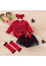 Mother's Day 4pcs Baby Girl Letter Print Red Ribbed Long-sleeve Romper, Love Heart Mesh Shorts, Headband and Calf Sleeves Set