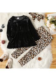 3-piece Toddler Girl Ruffled Black Velvet Long-sleeve Top, Leopard Print Pants and Headband Set