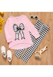 2-piece Kid Girl Bowknot Sequined Design Long-sleeve Tee and Houndstooth Leggings set