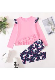 2-piece Kid Girl Ruffled Tulip Hem Long-sleeve Top and Unicorn/Butterfly Print Leggings Set