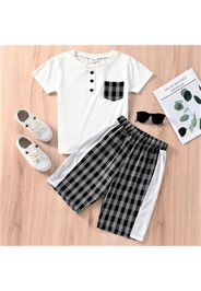 2-piece Kid Boy Plaid Pocket Button Design Short-sleeve Tee and Elasticized Shorts Set