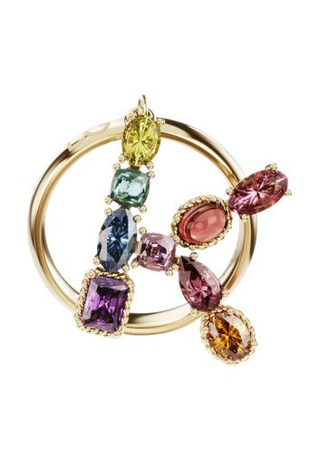 Rainbow alphabet K ring in yellow gold with multicolor fine gems