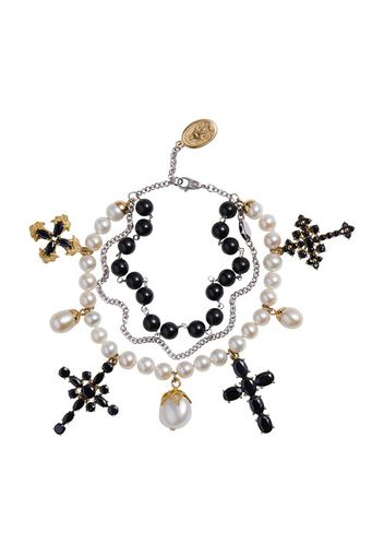 Yellow and white gold family bracelet with cblack sapphire, pearl and black jade beads