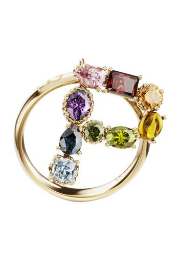 Rainbow alphabet P ring in yellow gold with multicolor fine gems