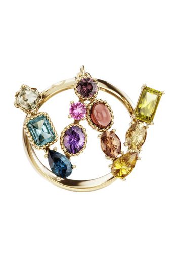 Rainbow alphabet W ring in yellow gold with multicolor fine gems