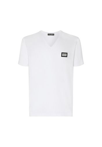 Cotton V-neck T-shirt with branded tag