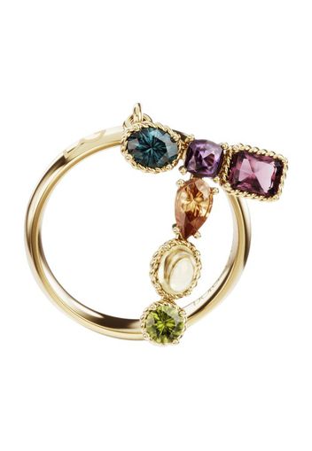 Rainbow alphabet T ring in yellow gold with multicolor fine gems