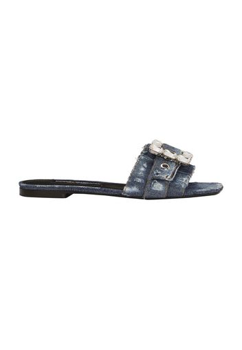 Patchwork denim slides with rhinestone buckle