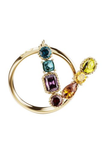 Rainbow alphabet V ring in yellow gold with multicolor fine gems