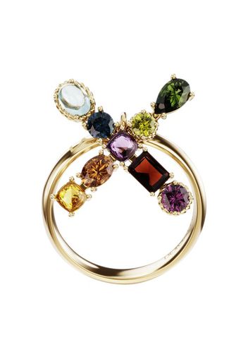 Rainbow alphabet X ring in yellow gold with multicolor fine gems