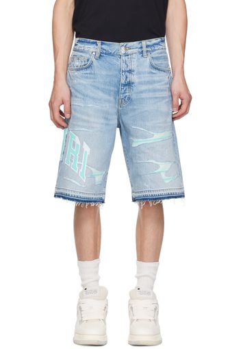 AMIRI Blue Embroidered Varsity Logo Repair Denim Shorts