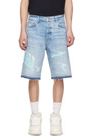 AMIRI Blue Embroidered Varsity Logo Repair Denim Shorts