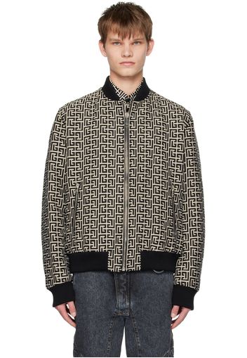 Balmain Black & Beige Monogram Reversible Bomber Jacket