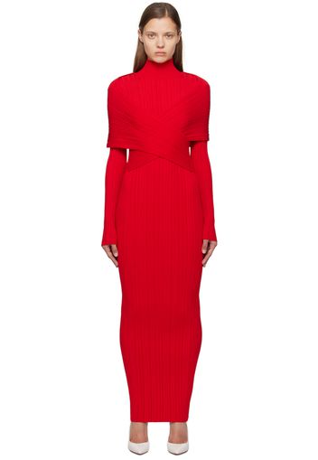 Balmain Red Pleated Knit Maxi Dress