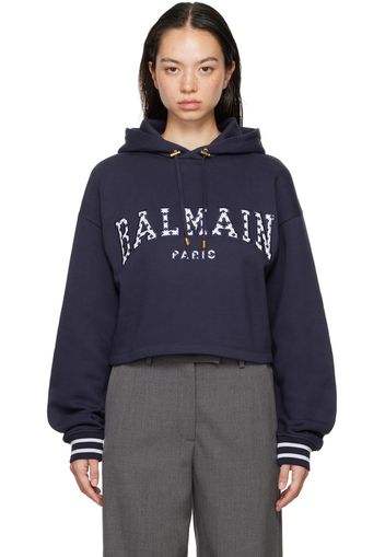 Balmain Navy Vichy Detail Cropped Hoodie