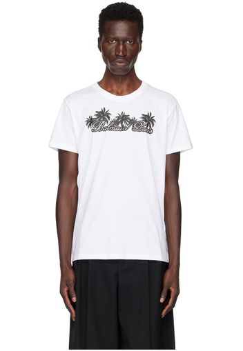 Balmain White Palm Tree 'Balmain' Signature Print T-Shirt