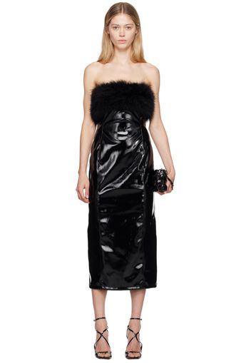 Blumarine Black Marabou Feather Faux-Leather Midi Dress