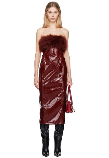 Blumarine Burgundy Marabou Feather Faux-Leather Midi Dress