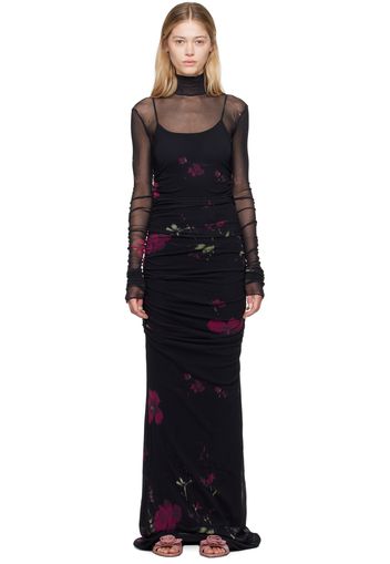 Blumarine Black Rose Print Maxi Dress