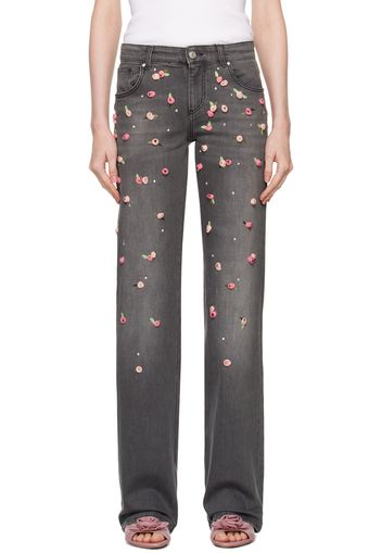 Blumarine Gray Wide Leg Embroidery Roses Jeans