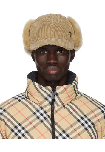 Burberry Beige Shearling Trim Corduroy Trapper Cap