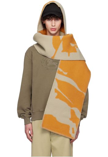 Burberry Orange & Taupe EKD Wool Hooded Scarf