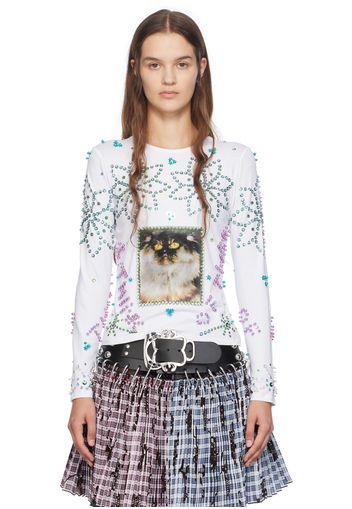 Chopova Lowena White Kitty Beaded Long Sleeve T-Shirt