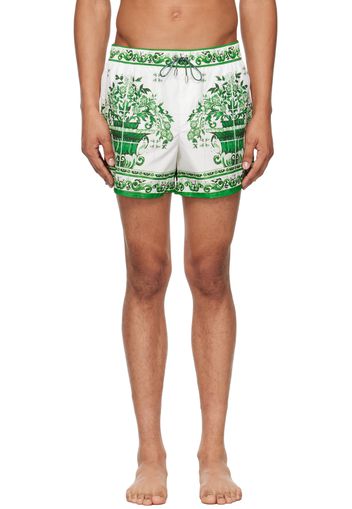 Dolce&Gabbana Green & White Majolica Print Swim Shorts