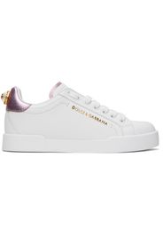 Dolce & Gabbana White & Pink Nappa Calfskin Portofino Lettering Sneakers