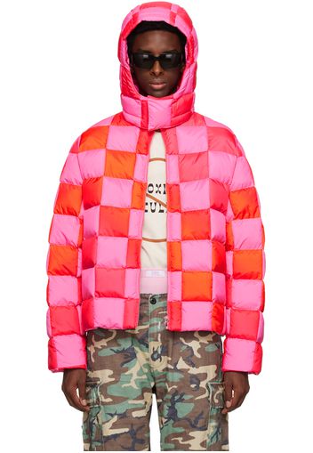 ERL Pink & Red Gradient Checker Hooded Puffer Coat