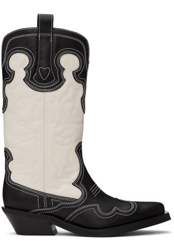 GANNI Black & White Mid Shaft Embroidered Western Boots