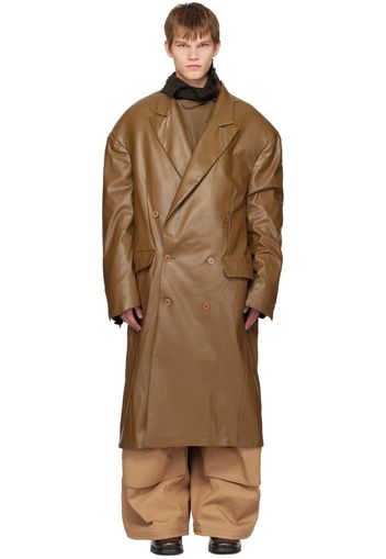 Hed Mayner Brown Double-Breasted Faux-Leather Coat