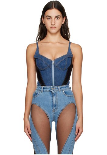 Mugler Blue & Black Paneled Denim Bodysuit