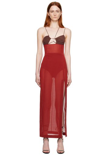 Nensi Dojaka Red & Brown Asymmetric Maxi Dress