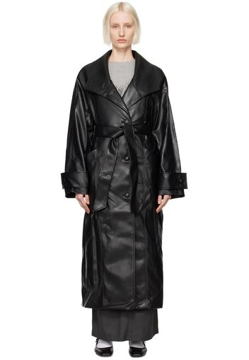 OPEN YY Black High Neck Collar Faux-Leather Trench Coat