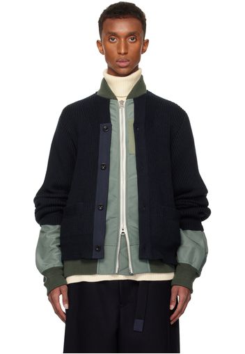 sacai Navy & Khaki Nylon Knit Cardigan