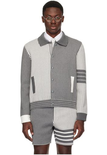 Thom Browne Gray & White Funmix 4-Bar Bomber Jacket