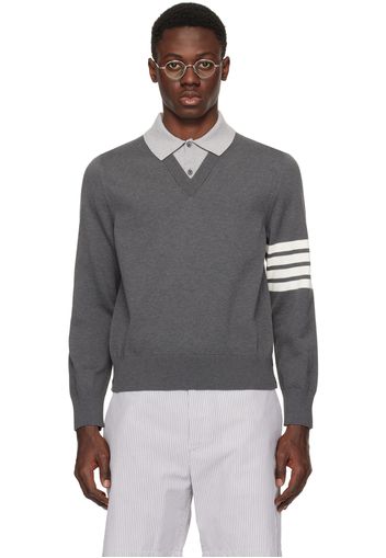 Thom Browne Gray 4-Bar Long Sleeve Polo