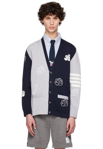 Thom Browne Navy & Gray Funmix 4-Bar Rose & Raven Cardigan