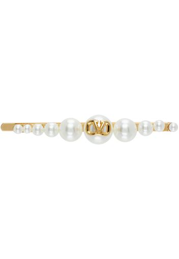 Valentino Garavani Gold & White VLogo Signature Metal Pearl Hair Clip