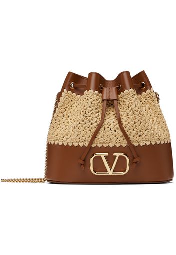 Valentino Garavani Beige & Tan Mini Raffia VLogo Bucket Bag