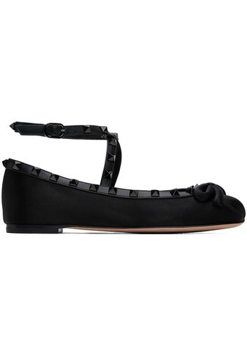 Valentino Garavani Black Rockstud Satin Ballerina Flats